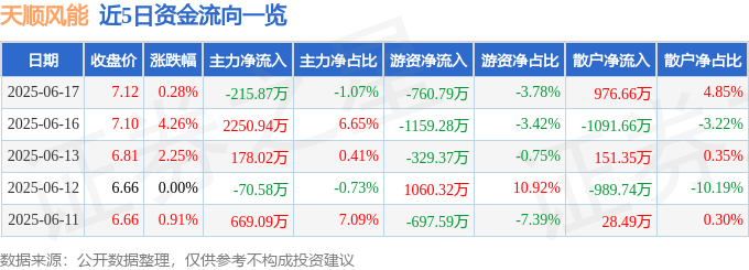 股票行情快报：天顺风能（002531）6月17日主力资金净卖出215.87万元