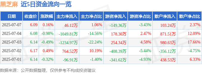 股票行情快报：黑芝麻（000716）7月7日主力资金净买入46.12万元