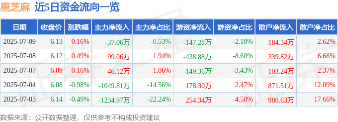 股票行情快报：黑芝麻（000716）7月9日主力资金净卖出37.06万元