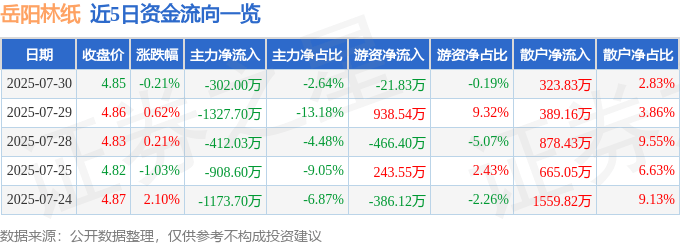 股票行情快报：岳阳林纸（600963）7月30日主力资金净卖出302.00万元